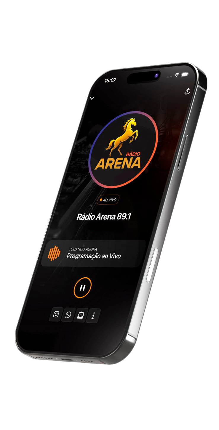 Aplicativo Rádio Arena FM exibido em um iPhone
